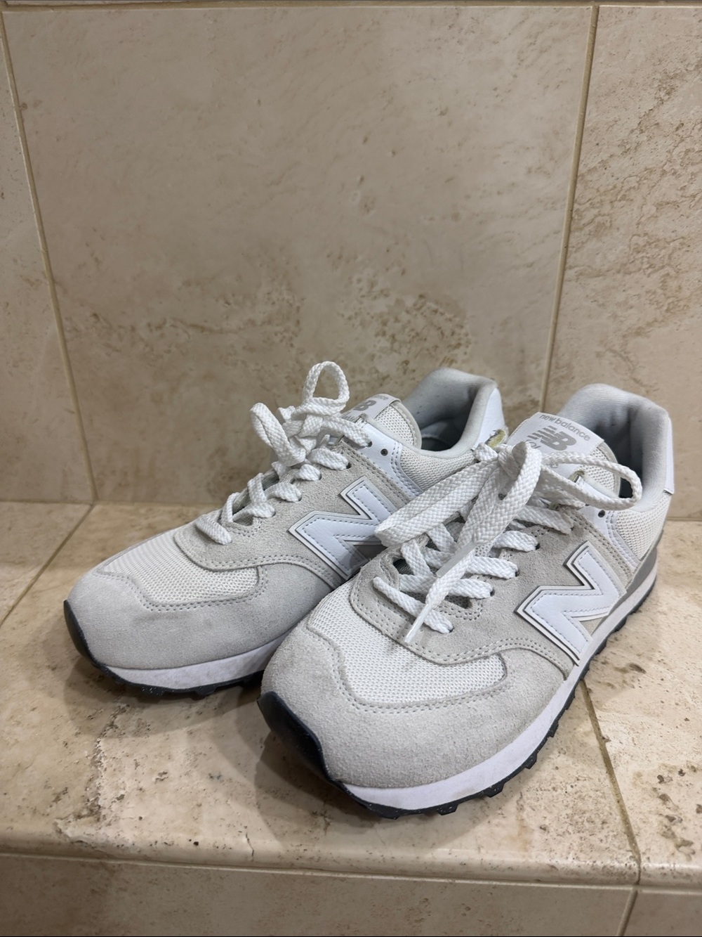 Gently used New Balance White and Light Gray Retro Runner Sneakers